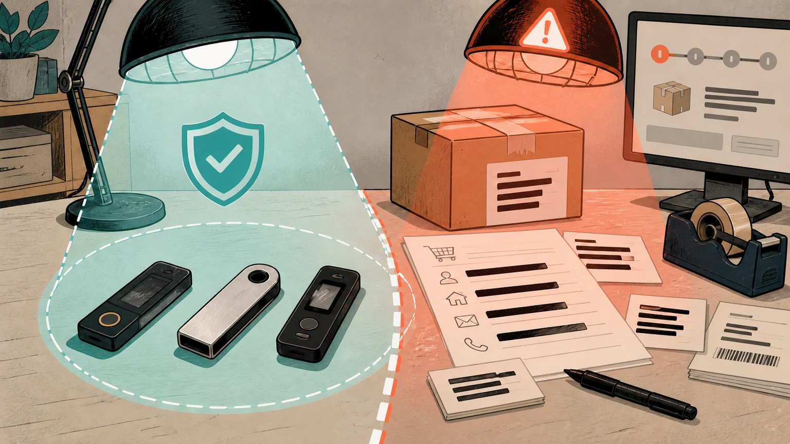 Editorial illustration of three hardware wallets beside shipping labels whose names and addresses are obscured by warning strips