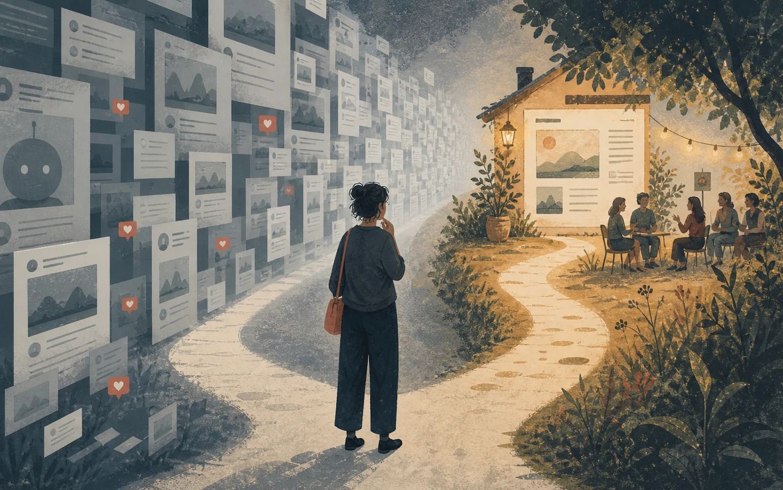 AI-generated editorial illustration of a reader choosing between a cool corridor of repetitive feed panels and a warm handmade website where people are talking