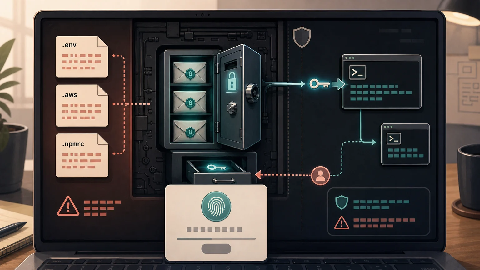 AI-generated editorial illustration of a Mac developer approving a fingerprint prompt while a terminal process receives one credential from an encrypted local vault, with decoy values remaining in configuration files