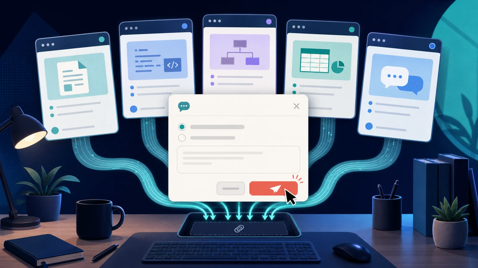 AI-generated editorial illustration of a generic feedback window drawing records from five separate recent-session cards into a partly concealed attachment tray