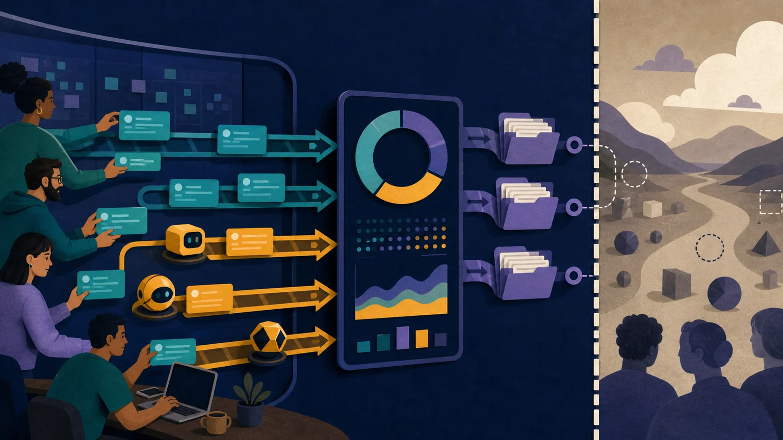 Editorial illustration of software teams and AI agents creating issues and pull requests on parallel workflow tracks, with a measurement dashboard between them