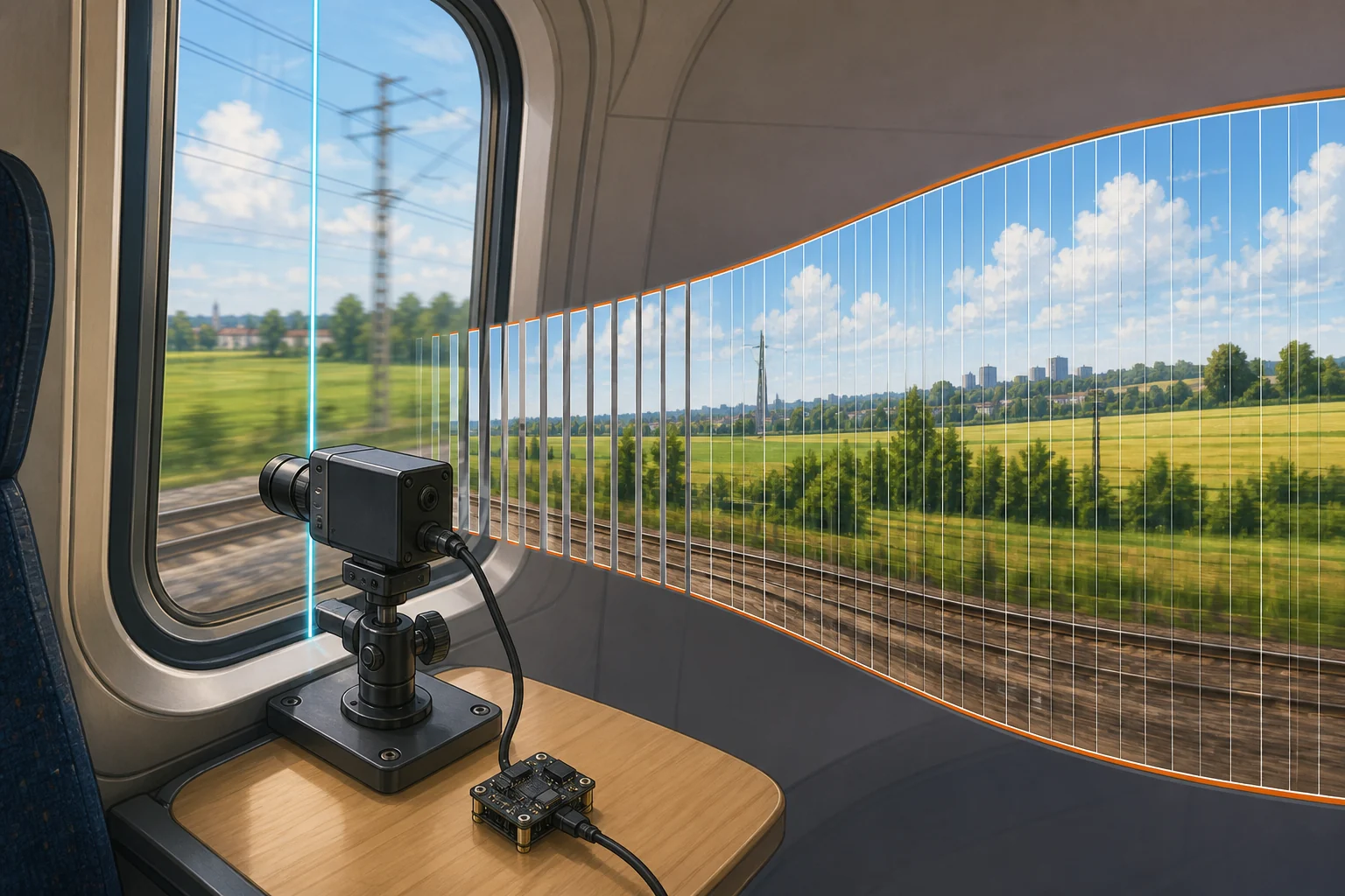 Conceptual editorial illustration of a line-scan camera mounted inside a passenger train, sampling one vertical strip of the window view and unfurling it into a long panorama