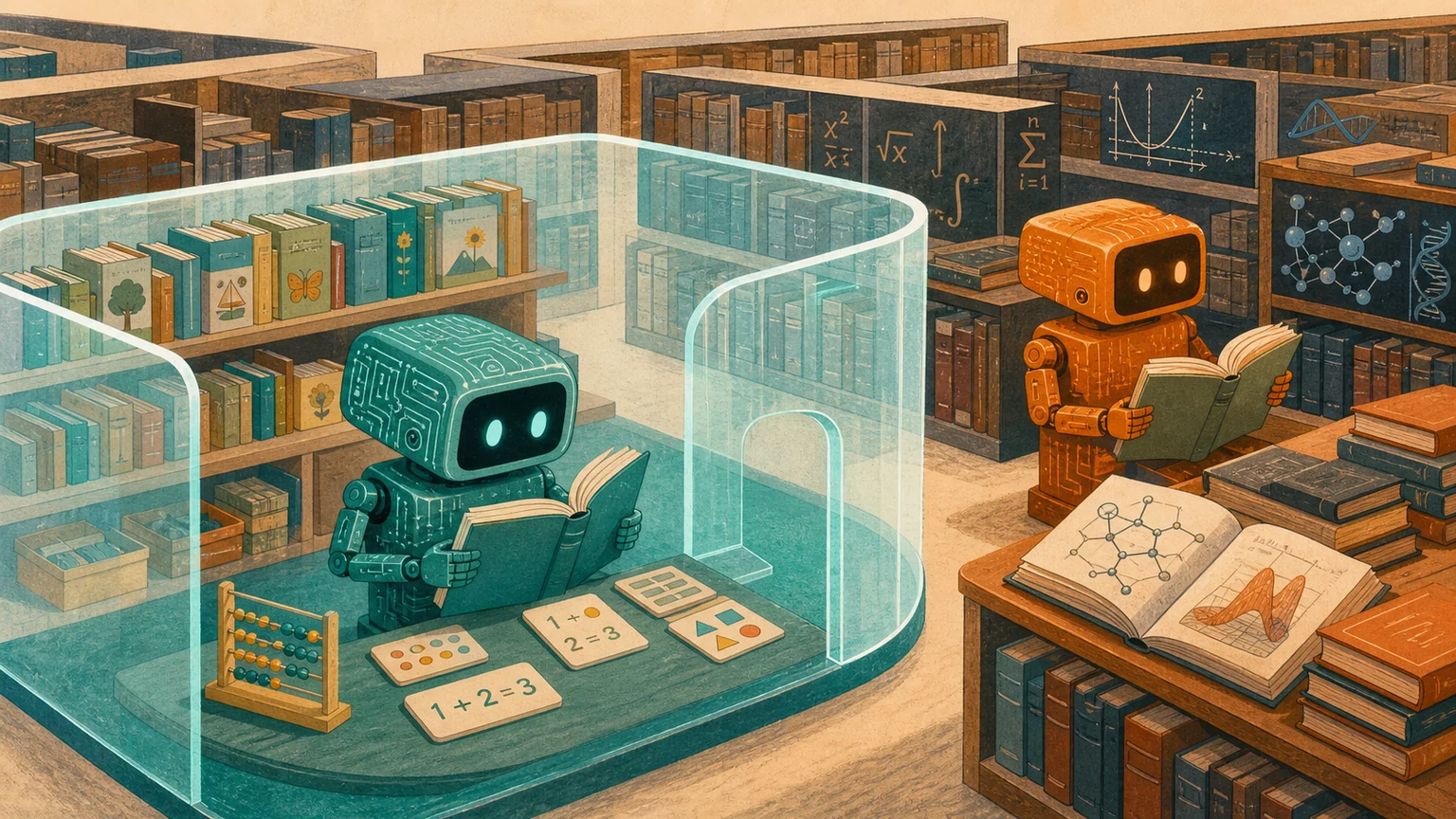 AI-generated editorial illustration of a teal robot reading elementary books inside a transparent curriculum boundary while an orange robot reads among shelves marked with advanced mathematics and science
