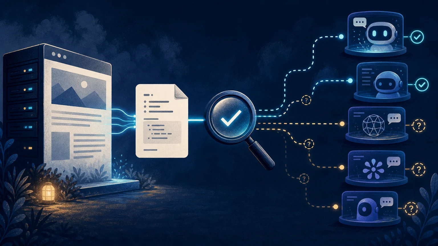 Editorial illustration of a website serving a structured document through an audit lens toward AI assistants, with dotted paths marking uncertain consumption