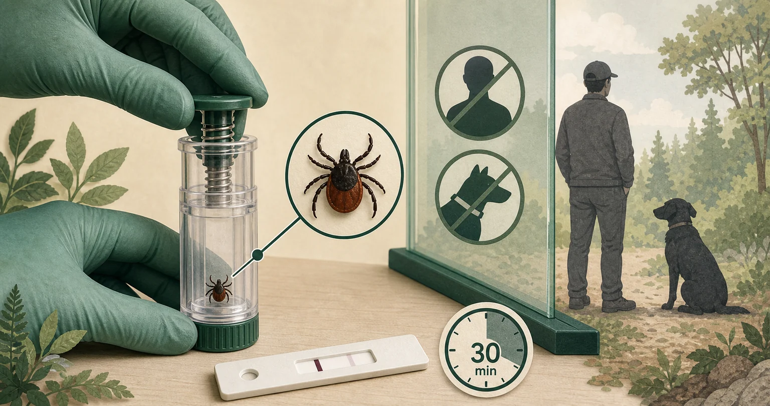 Editorial illustration of gloved hands crushing a removed tick beside a two-line lateral-flow strip and 30-minute timer, with a person and dog separated behind a divider
