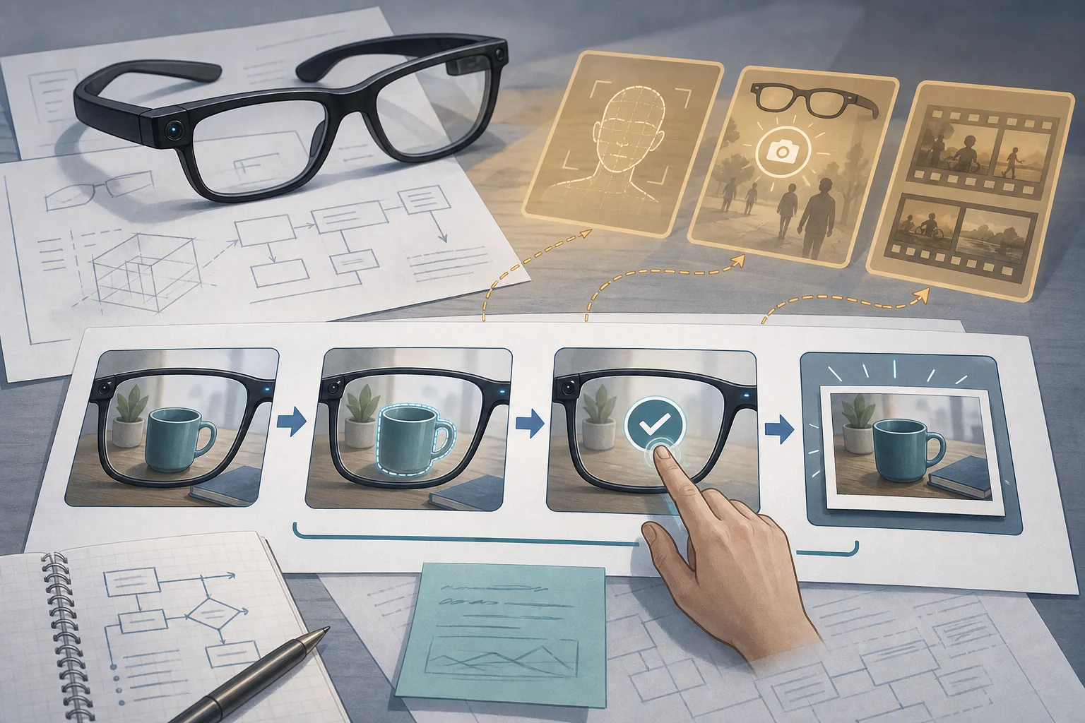 Conceptual editorial illustration of camera-equipped glasses on patent papers, with a central object-recognition sequence requiring a confirmation gesture and separate optional face, capture and highlight cards