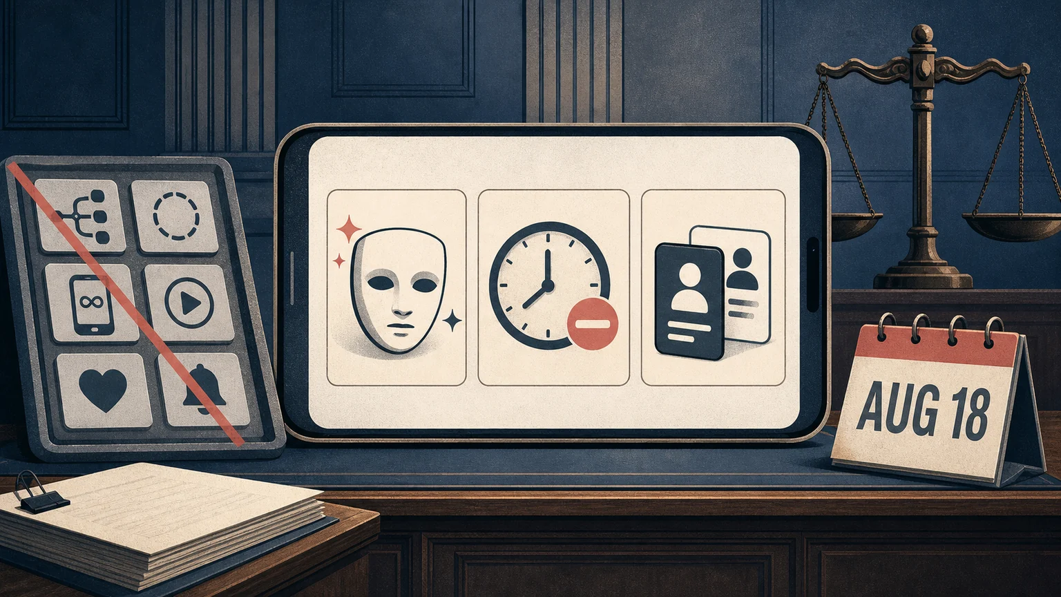 Editorial illustration of a phone evidence display separating appearance filters, time controls and multiple accounts from likes, infinite scroll, autoplay, notifications, Stories and recommendation algorithms, beside an August 2026 trial calendar