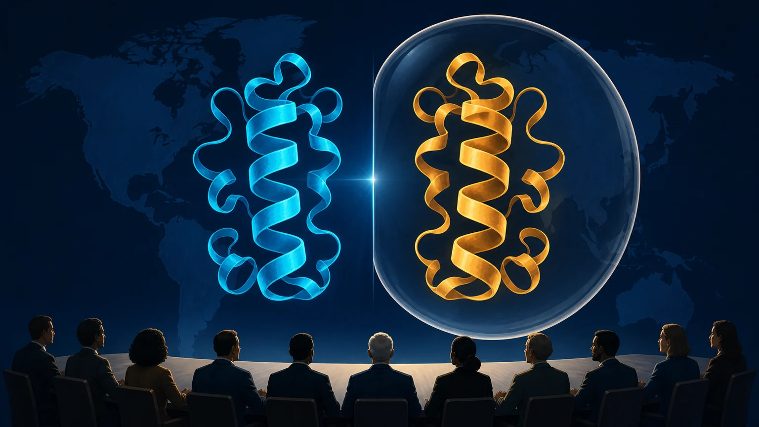 AI-generated editorial illustration of cyan and amber mirrored molecular ribbons before an international policy table, with the amber form inside a transparent containment boundary