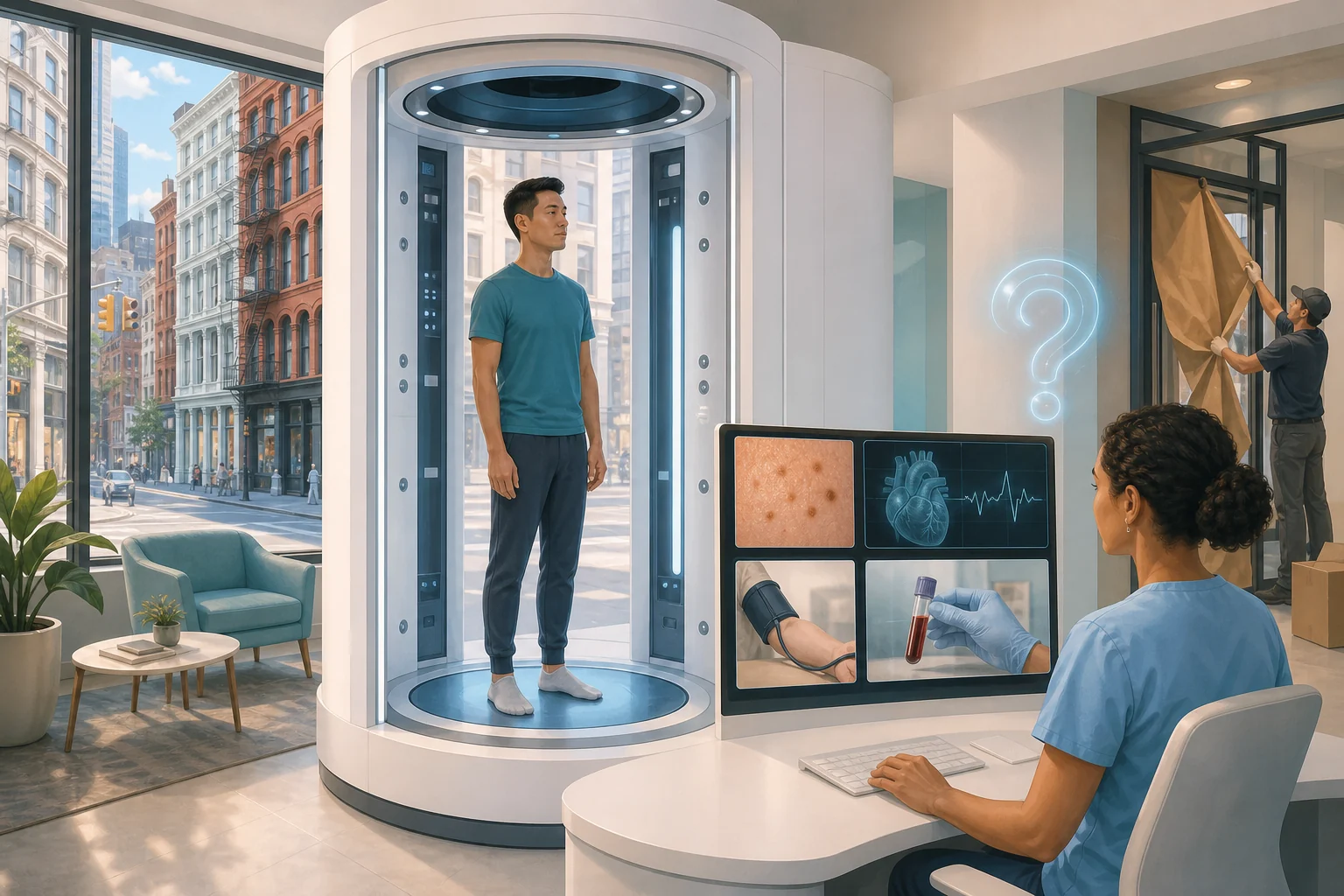 Conceptual editorial illustration of a person in a cylindrical health-scanning area at a New York clinic while a clinician reviews separate skin, cardiovascular, blood-pressure and blood-sample panels