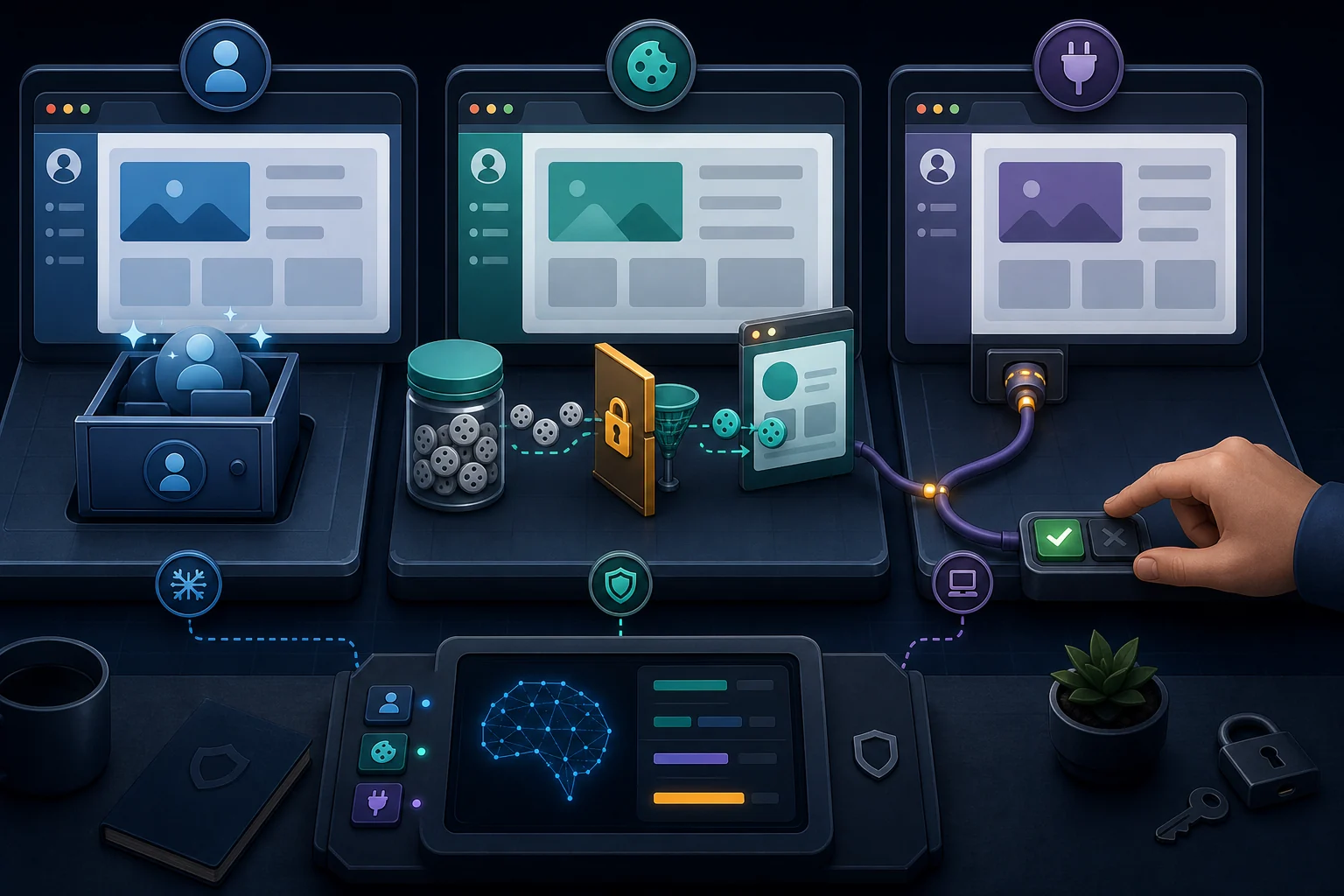 Editorial illustration of three unbranded browser-session modes: a dedicated profile, selected cookies crossing a security filter, and a locally attached browser with human approval