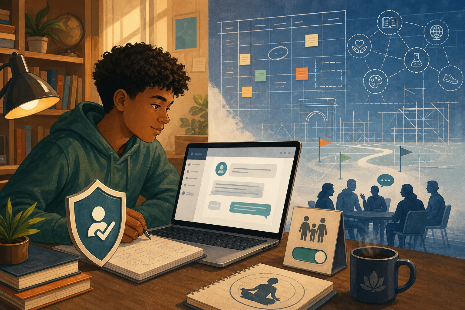 Editorial illustration of a teenager studying beside a generic AI chat screen, a protection shield and family-control symbol, with unfinished programme blueprints and an advisory group in the background