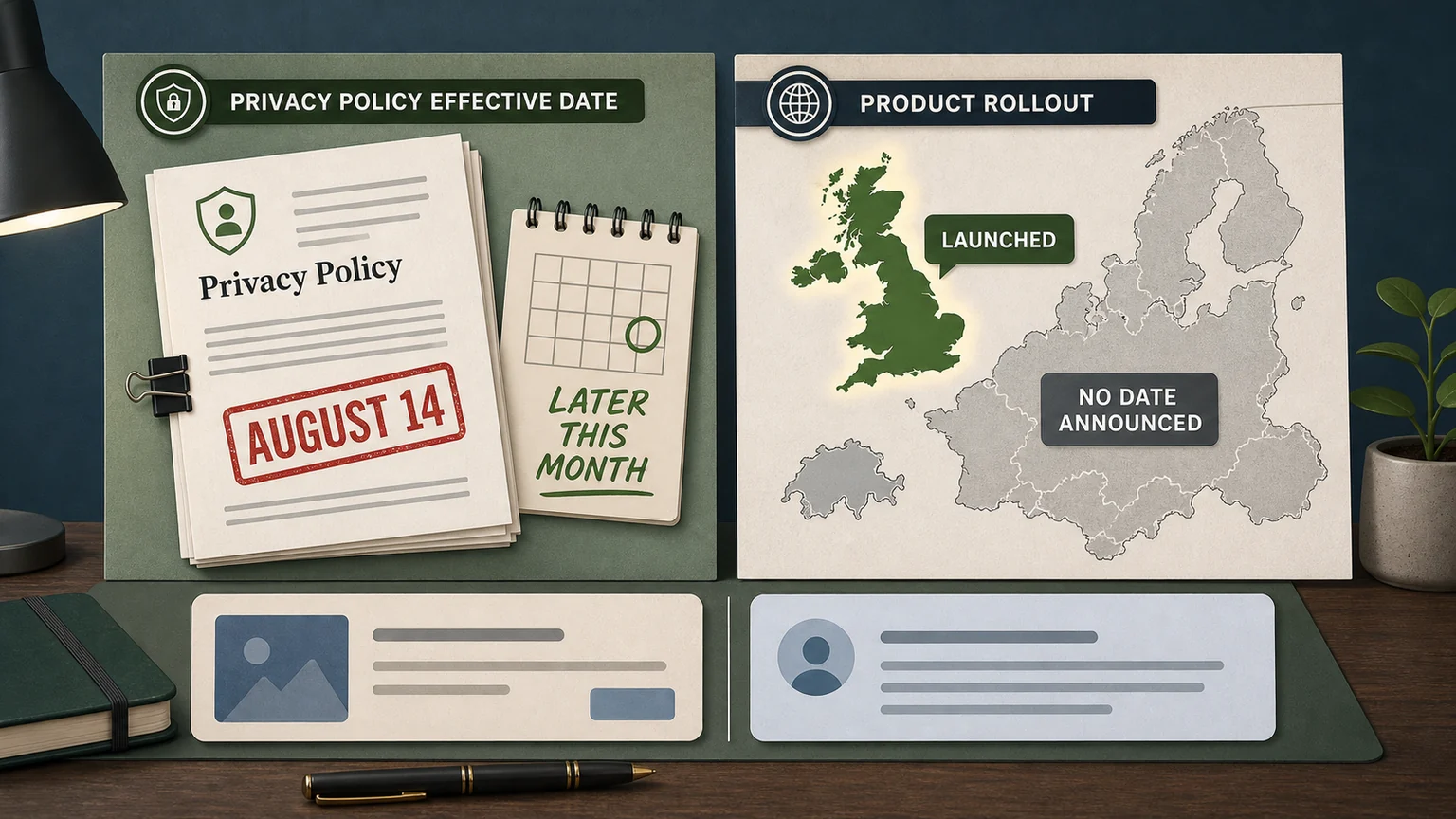 Editorial illustration of an August 14 privacy-policy page beside a rollout map marking the UK as launched while the EEA and Switzerland remain undated