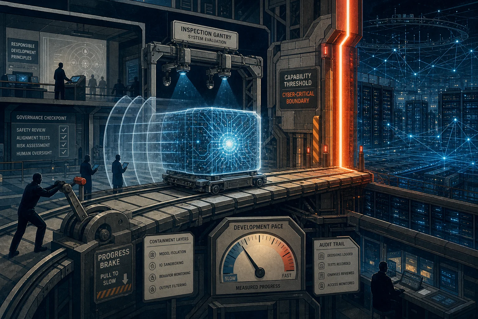 Editorial illustration of an AI system moving through an inspection gantry toward an orange cyber-critical boundary while workers apply a progress brake and monitoring controls