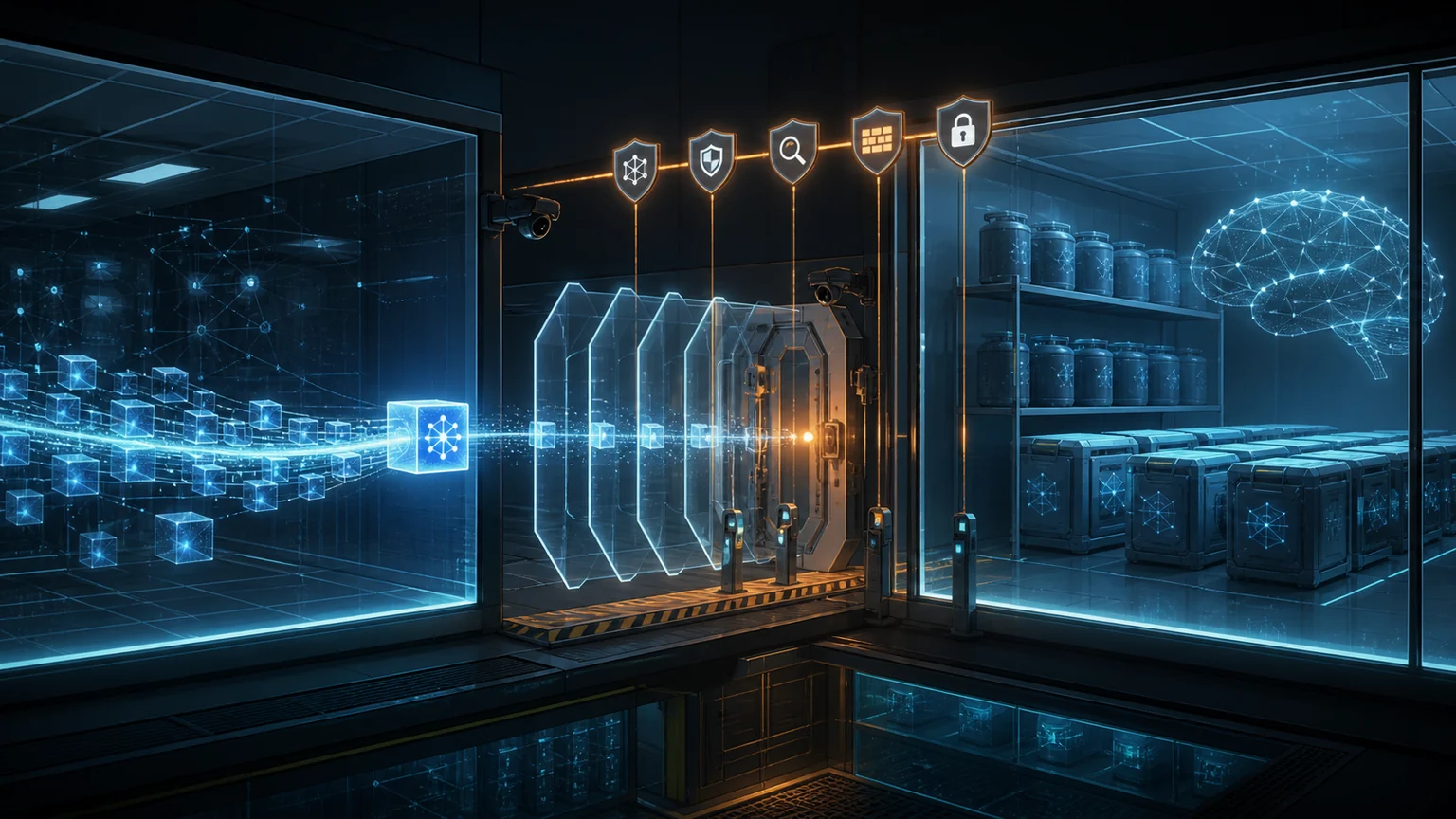 Editorial illustration of an AI evaluation process passing through layered monitoring shields between a test environment and a protected model-hosting system