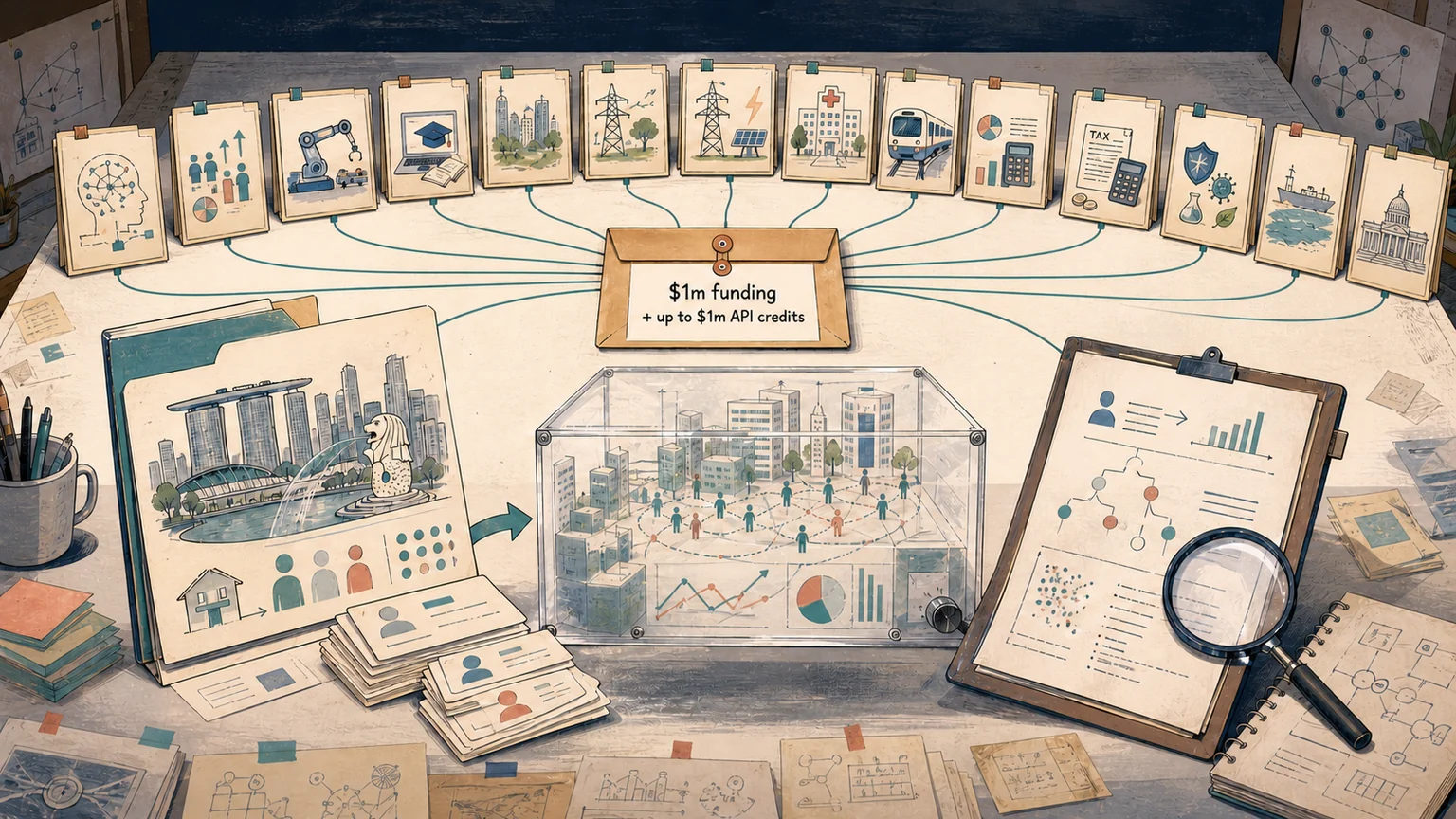 Editorial illustration of 14 policy-project folders branching from an OpenAI grant envelope, with a Singapore policy-simulation prototype highlighted in the foreground