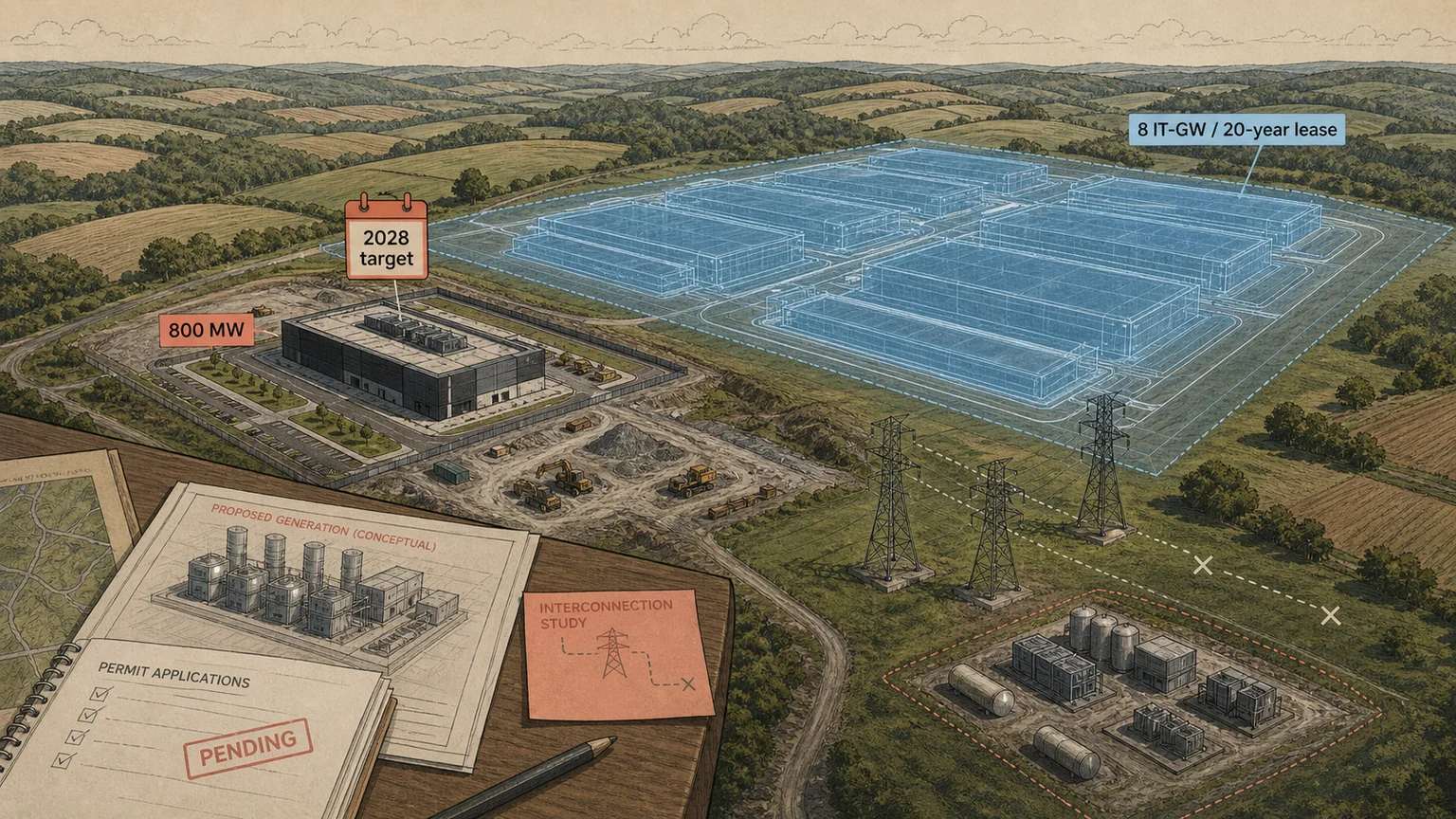 Editorial illustration of a small first data-center phase beside translucent outlines of a much larger planned PORTS-Pike campus, with unfinished power and transmission infrastructure across the former Portsmouth industrial site and nearby farmland.