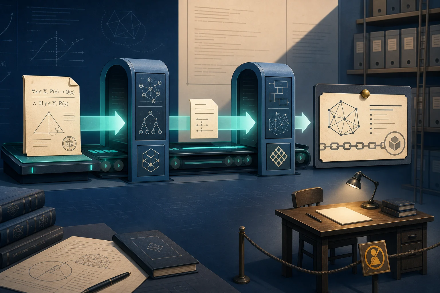 Editorial illustration of a Lean theorem file moving through separate Lean and NanoDa kernel checkpoints into a Palomar registry card, while a distinct referee desk marked ‘human peer review’ remains outside the automated path