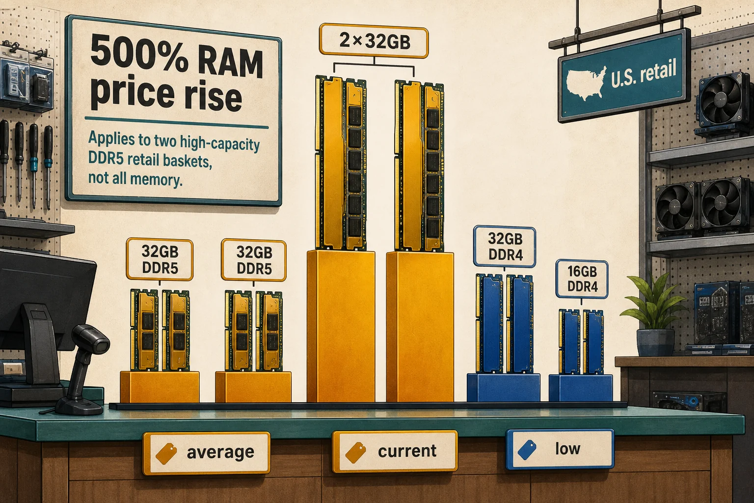 Editorial illustration of two tall 64GB DDR5 kit pairs marked 2×32GB beside shorter DDR5 and DDR4 price bars, with separate tags for average, current price and historical low