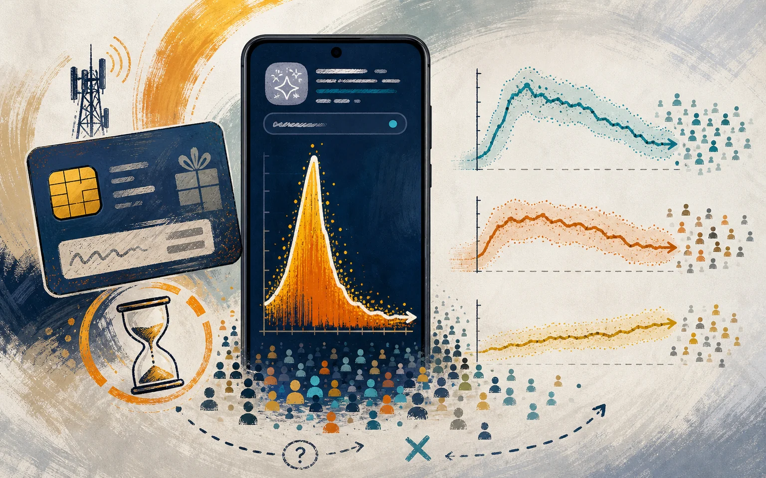 Editorial illustration of an unbranded telecom offer card beside a mobile-app download spike, anonymous audience dots and uncertainty-banded activity and revenue trends