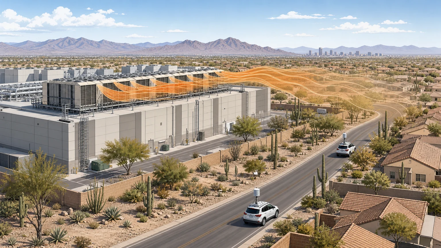 Editorial illustration of sensor-equipped vehicles mapping a narrow heat plume downwind of a Phoenix-area data centre; not a measured heat map