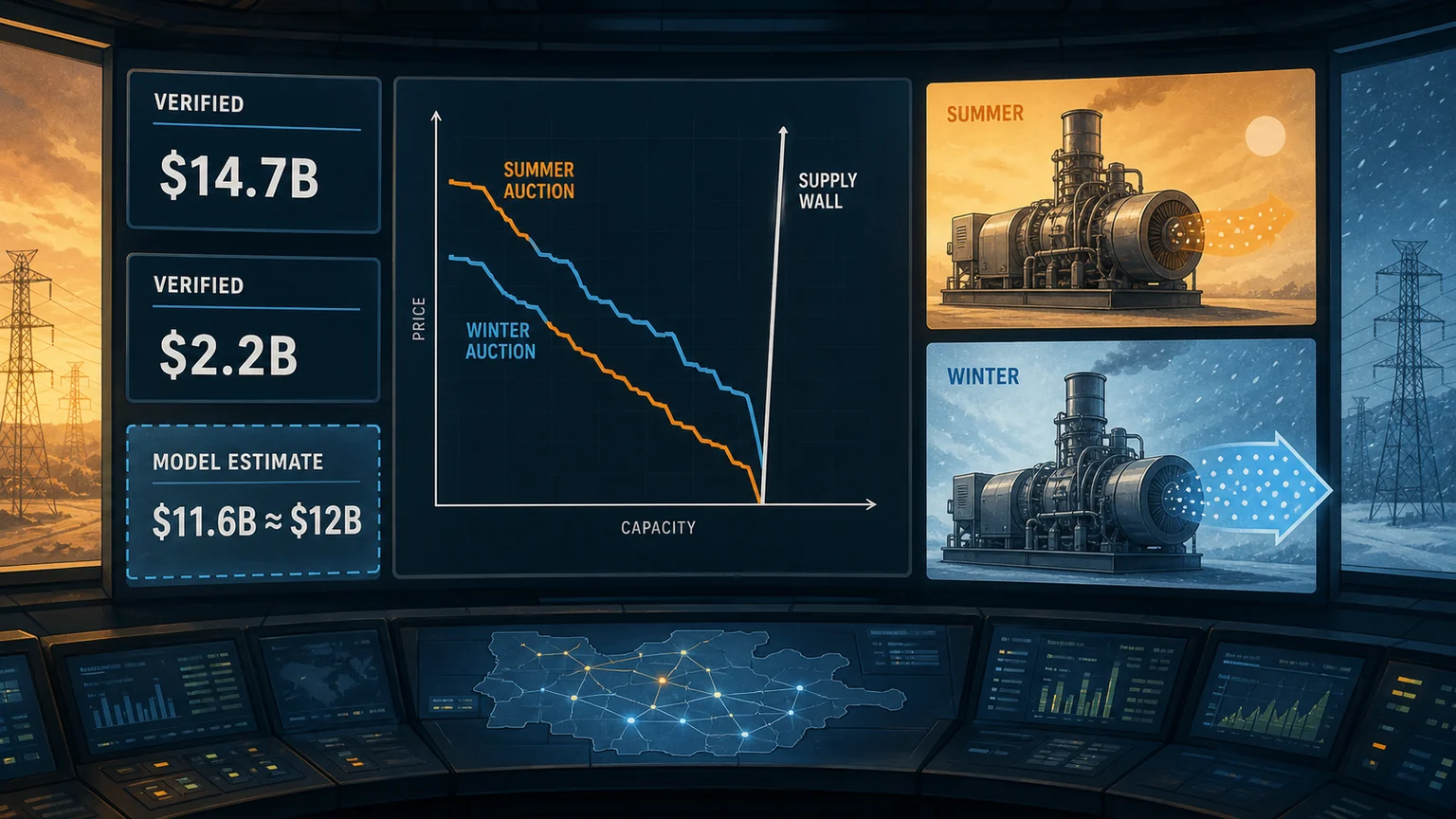 Editorial illustration of a PJM capacity auction chart on a control-room display, with a gas turbine shown producing more power in cold blue air than in warm orange air; a large question mark separates an 11.6-billion-dollar model estimate from verified auction totals