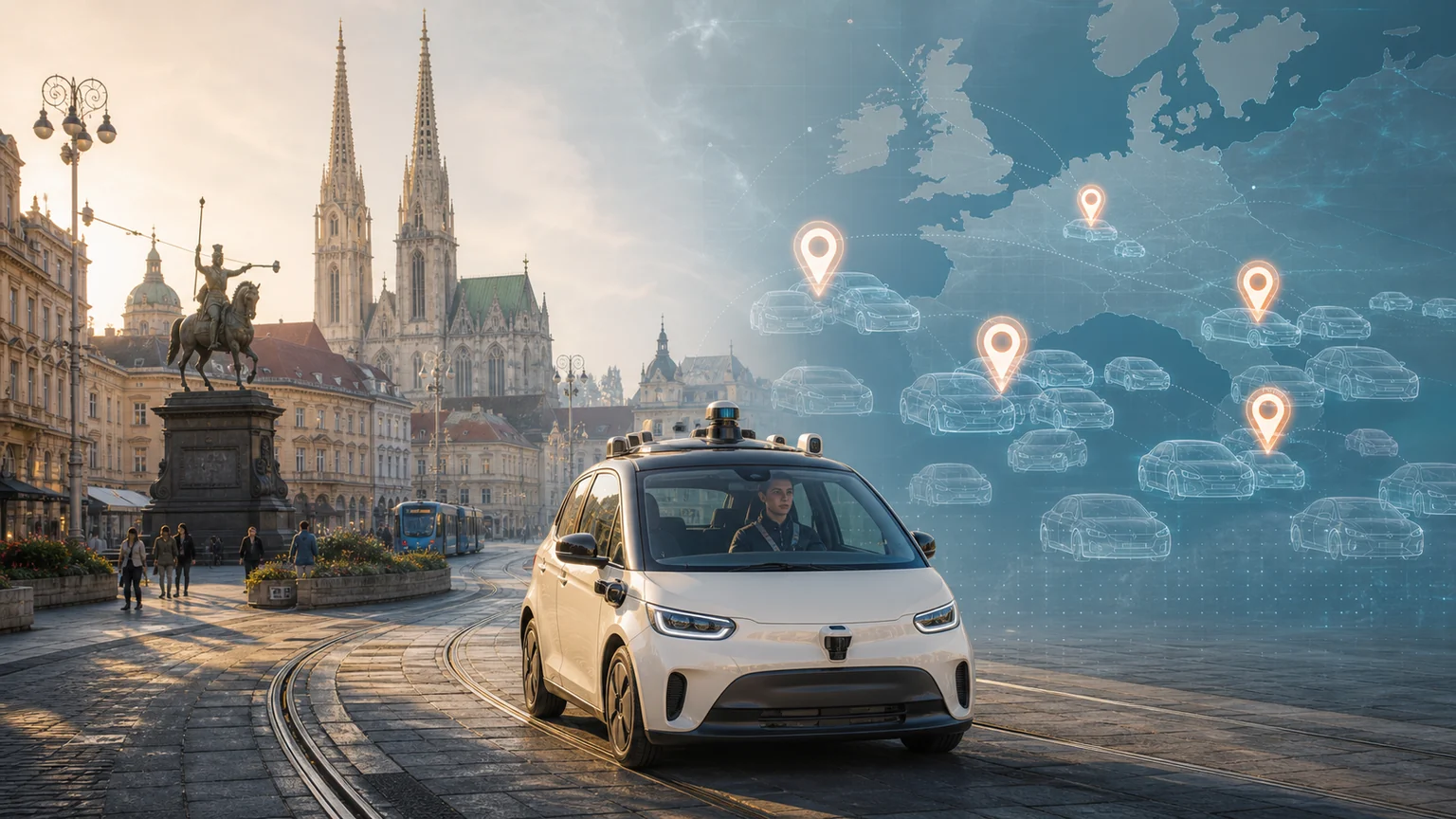 Editorial illustration contrasting one supervised robotaxi in Zagreb with translucent planned vehicles across a map of Europe