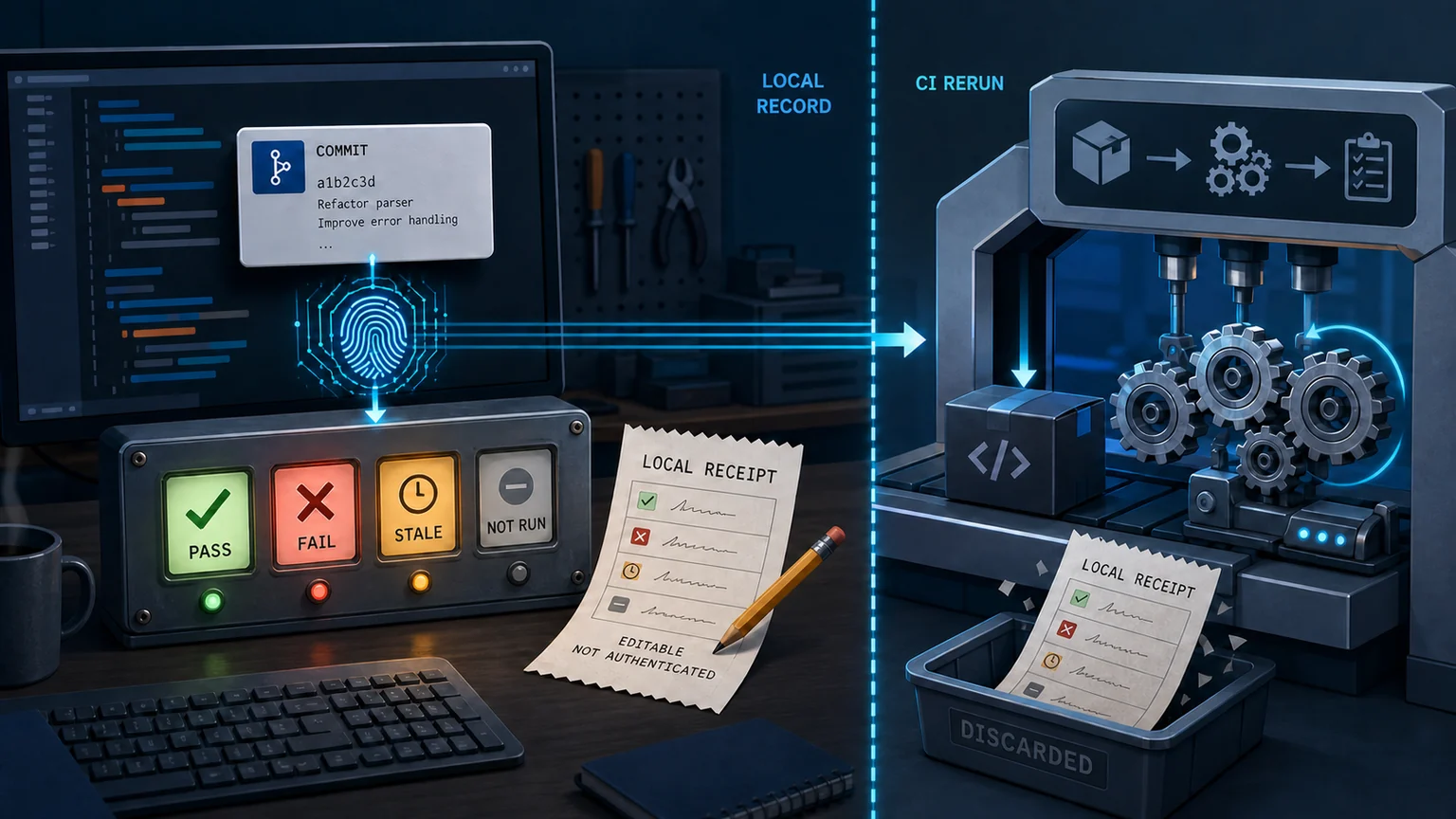 Editorial illustration of a code repository fingerprint linked to a four-status local receipt, with an editable paper receipt beside a separate CI gate that reruns tests