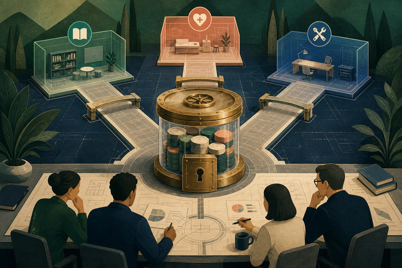 Editorial illustration of a sealed reservoir of capital connected by unfinished planning bridges to empty learning, health and work startup spaces
