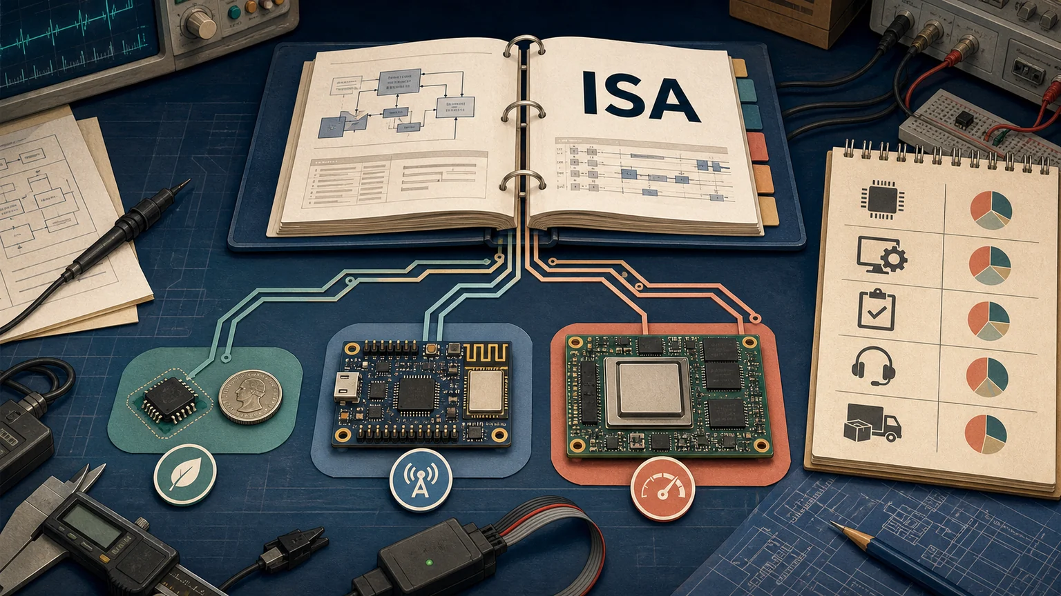 AI-generated editorial illustration of an ISA specification branching into a tiny microcontroller, a connected development board and a larger processor module beside an engineering-cost ledger
