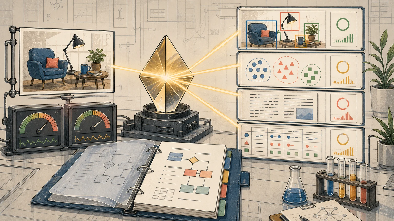 Editorial illustration of GPT-5.6 Sol being tested on object detection, counting, OCR and data extraction, beside latency and cost gauges and an incomplete benchmark-method binder