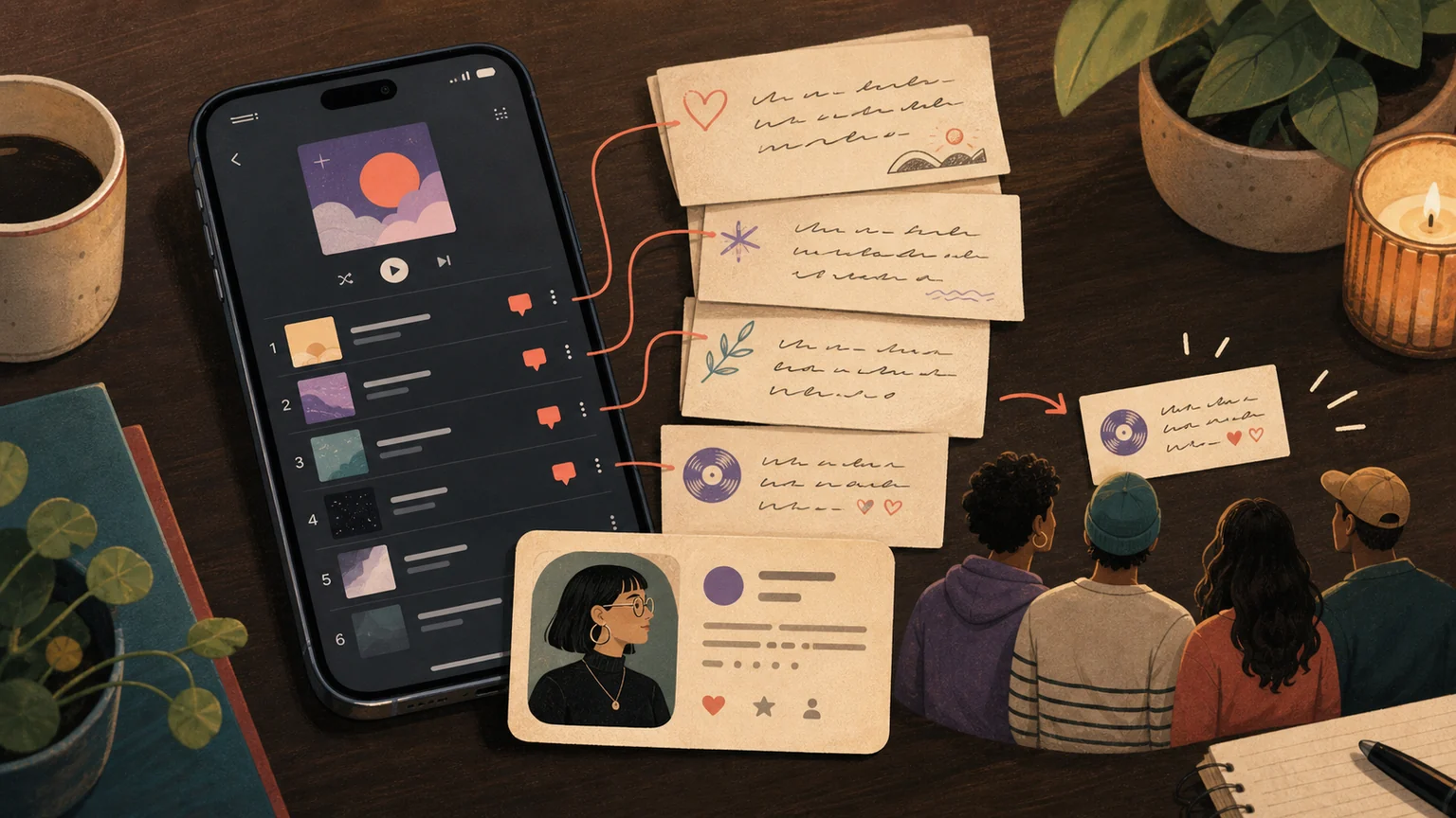 Editorial illustration of a mobile playlist linked to handwritten context cards, a visible curator profile and a group of listeners