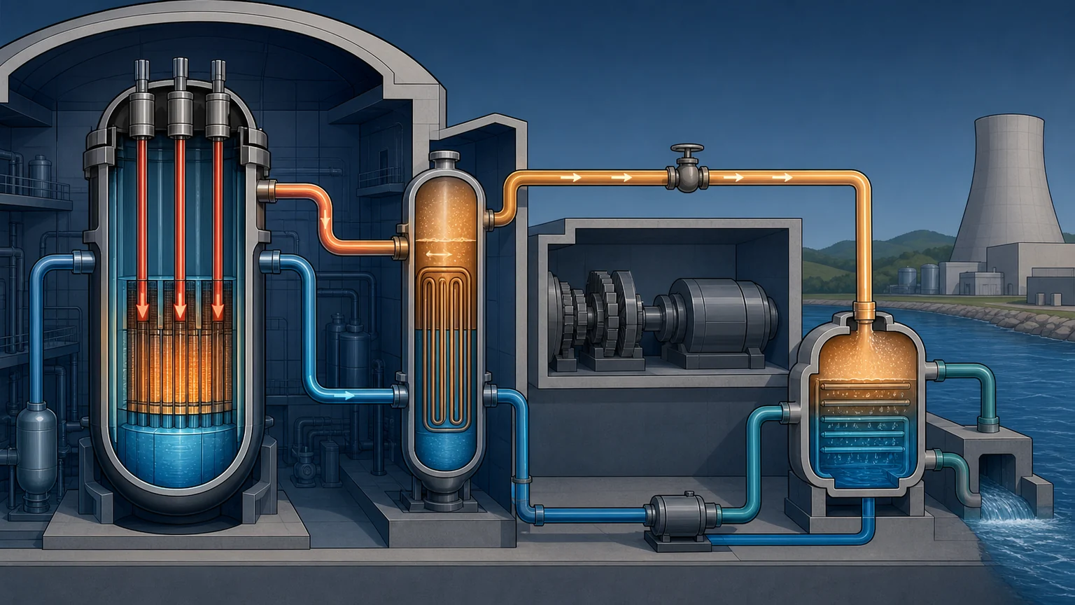 AI-generated editorial cutaway of a generic pressurized-water reactor with three highlighted control rods lowered and a residual-heat path through a steam generator and condenser
