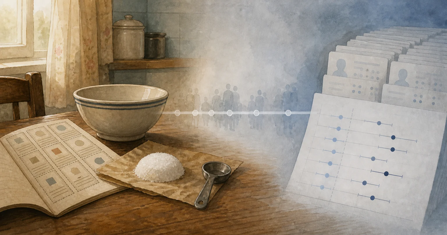 Editorial illustration of a 1950s British kitchen table with nonverbal ration coupons, a measured sugar portion, an anonymous cohort timeline and an uncertainty plot