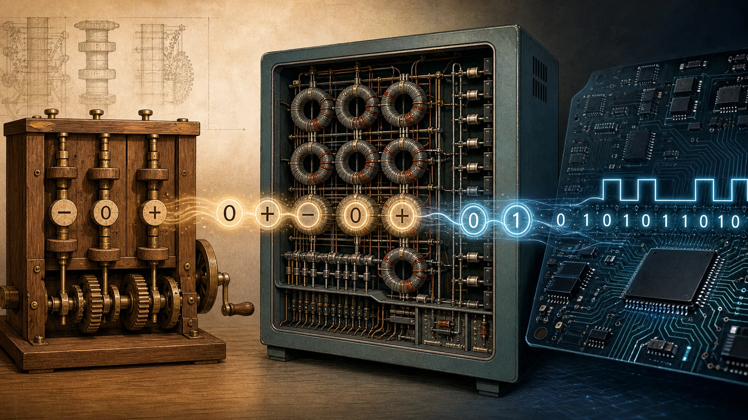 AI-generated editorial illustration of a wooden balanced-ternary mechanism, ferrite-core computer hardware and a modern binary circuit