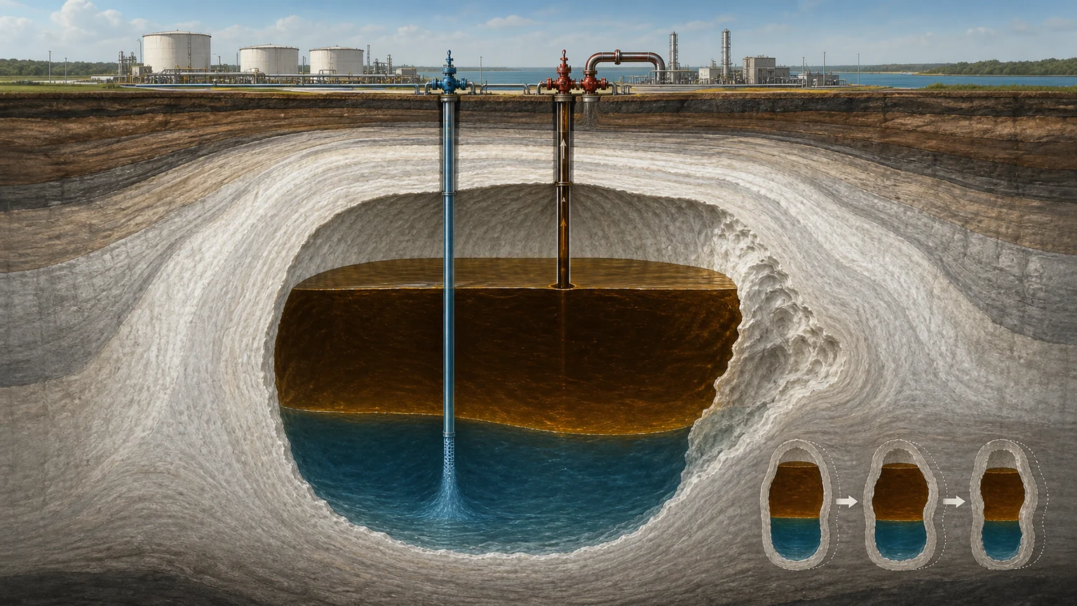 Cutaway editorial illustration of a Strategic Petroleum Reserve salt cavern, with fresh water entering below the oil and the cavern wall enlarged by salt dissolution.