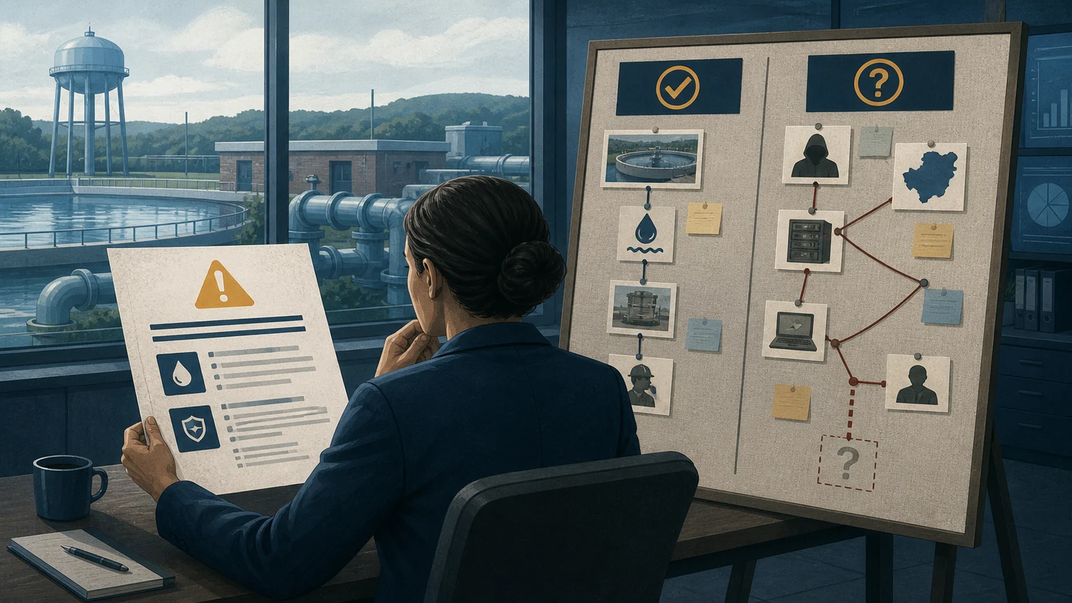 Illustration of an analyst comparing a public cyber alert with an evidence board inside a municipal water-control room