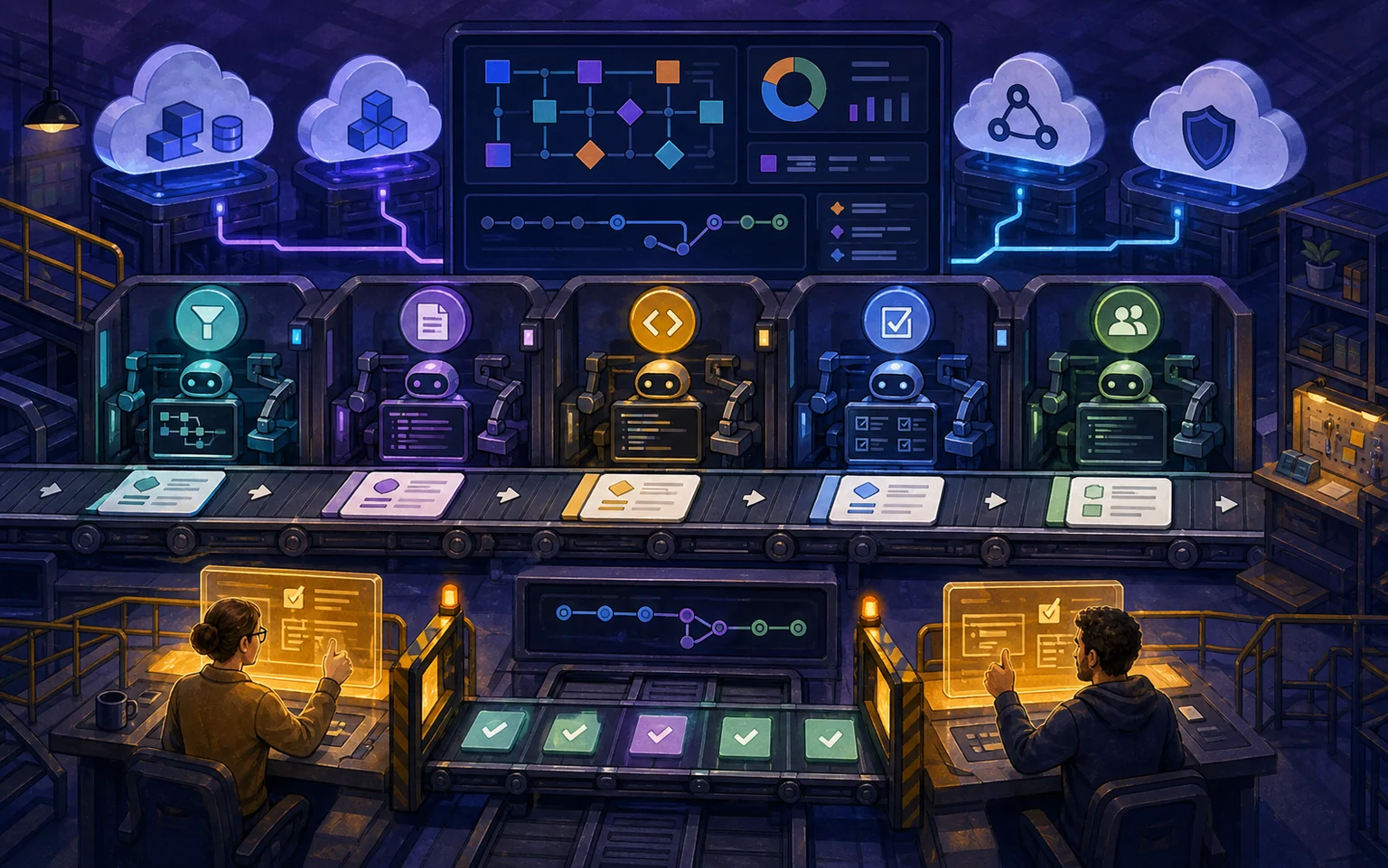 Editorial illustration of software tasks moving through a control panel of AI coding agents, review checkpoints and pull requests