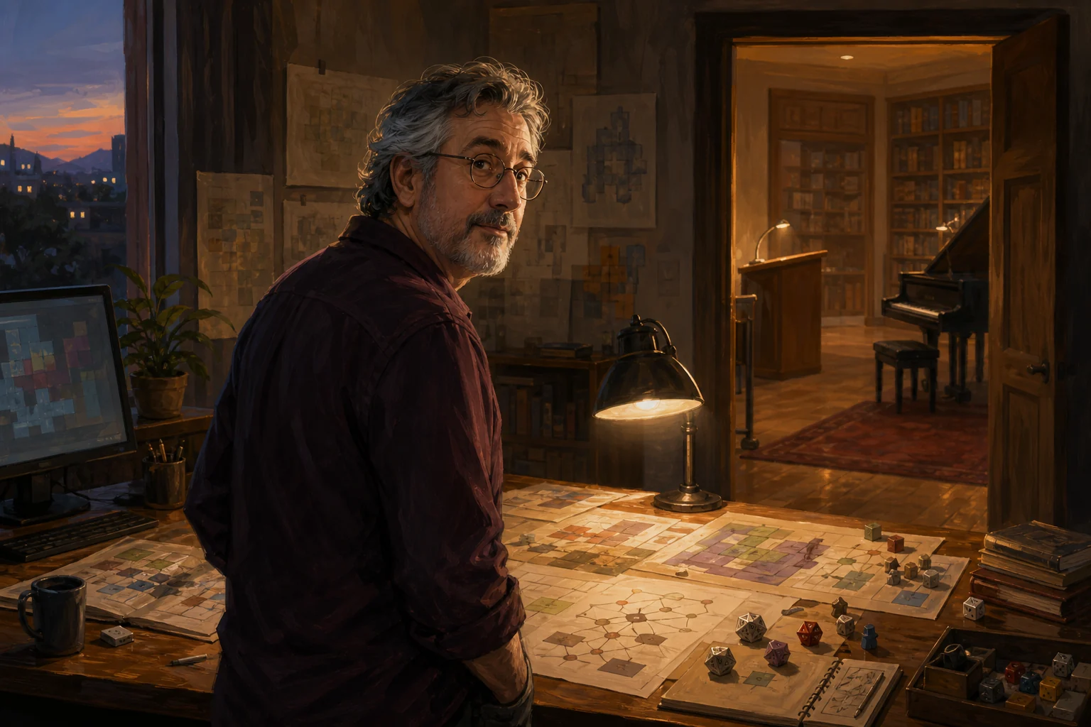Conceptual editorial illustration of veteran game designer Warren Spector looking back across a studio desk of system maps and dice, with an open doorway leading to books, a lectern and a piano