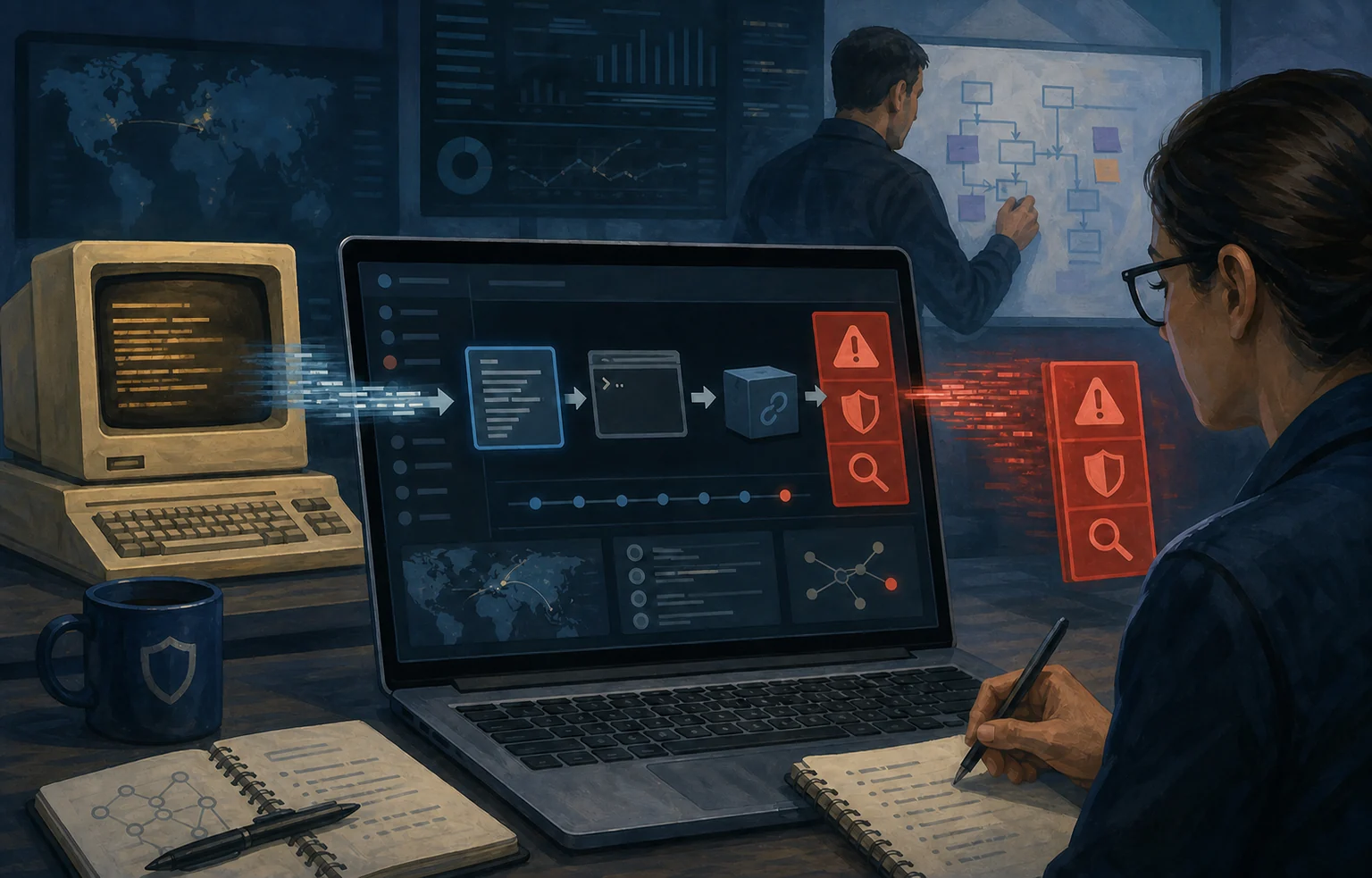 Editorial illustration of a Windows laptop linking a Finger protocol request on TCP port 79 to a Python process and a stack of security alerts