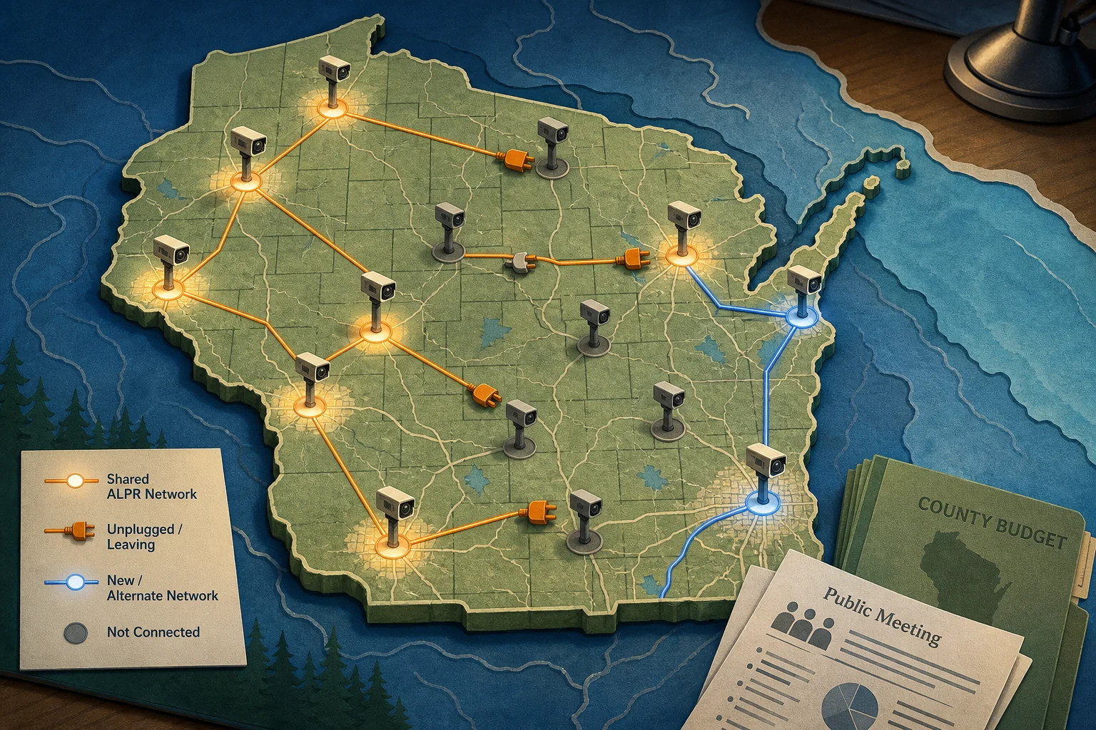 Schematic editorial illustration of a Wisconsin road map with some shared ALPR camera links unplugged, other nodes still active and a separate replacement network in blue